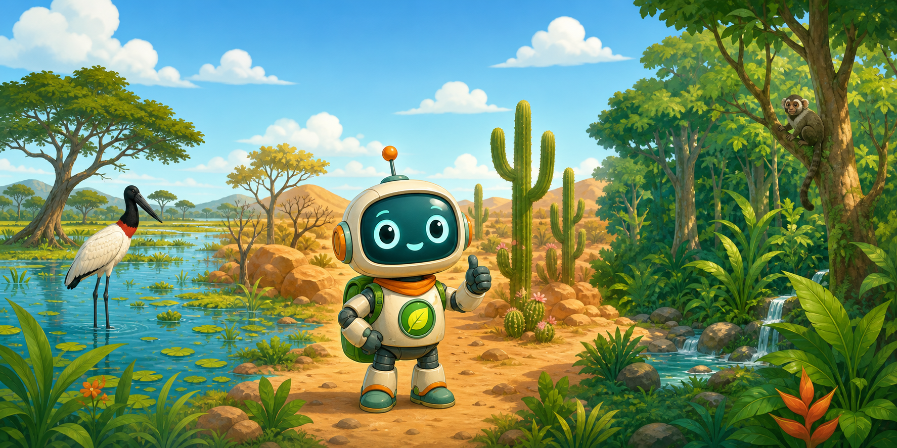 Robozinho explorador diante de biomas brasileiros